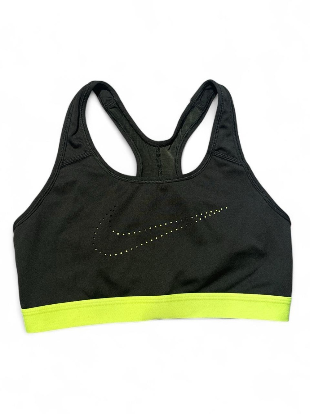 Nike drift sports bra in black and neon yellow